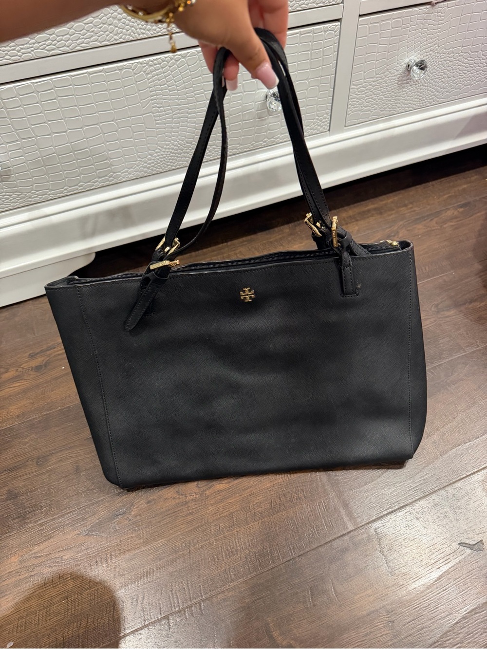 Tory Burch Black Leather Tote with Gold-Tone Hardware